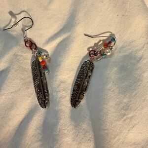 Bohemian Silver Feather Earrings with Multicolor Beads